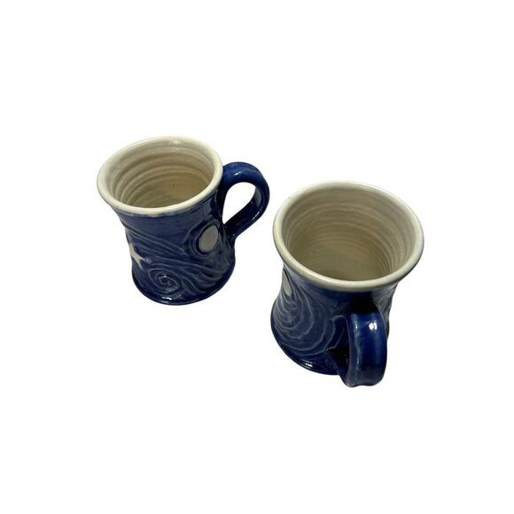 Handmade Art Ceramic Pottery Pair Of Sun And Moon Mugs Blue And White 2 Cups - Picture 9 of 13